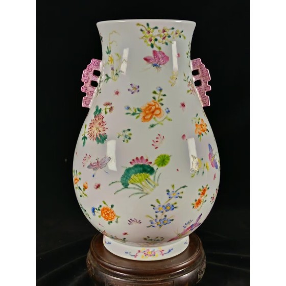 Famille Rose Double-eared Vase With Flower And Butterfly Patterns