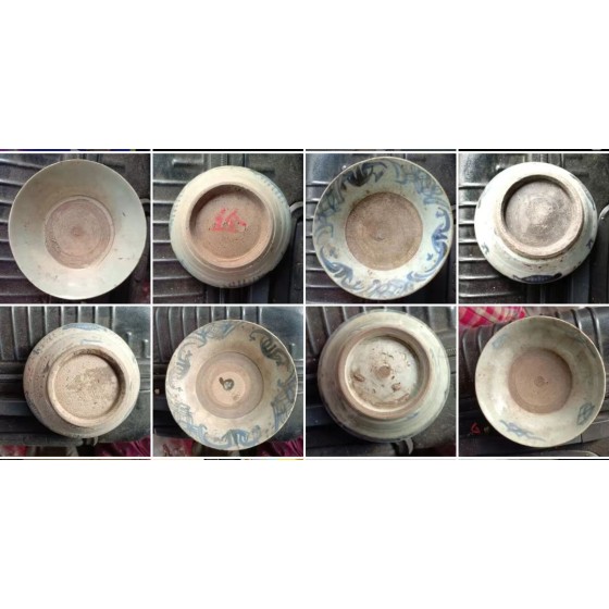 Four‑Piece Qing Folk‑Kiln Blue‑and‑White Bowls