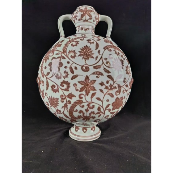 Underglaze Red Flat Vase With Interlocking Floral Patterns