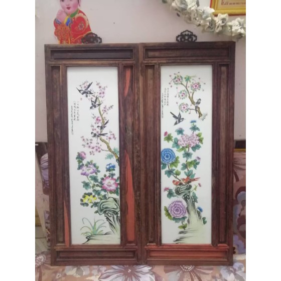 Porcelain Plaques with Famille Rose Flower and Bird Patterns (Pair)
