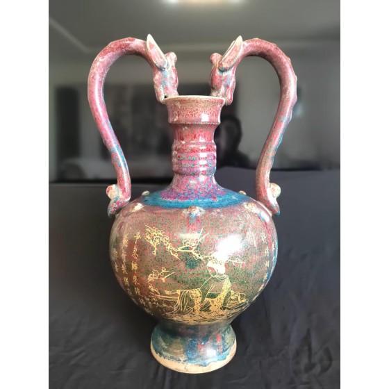 Northern Song Jun Ware Gilded Double-Dragon Ear Vase