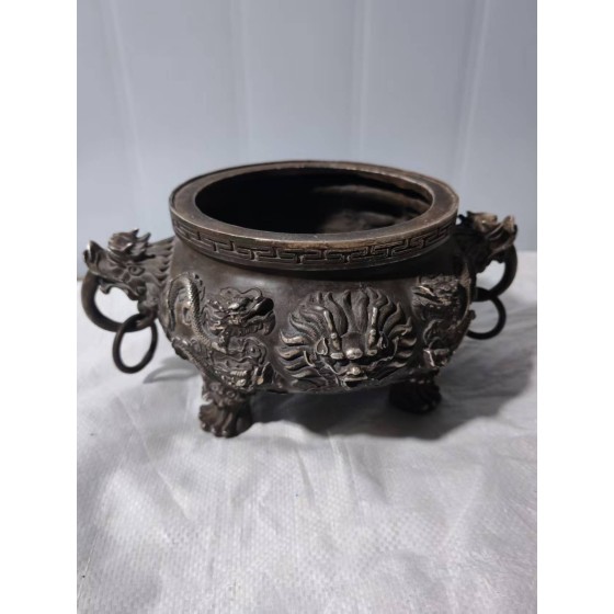 Nine Dragons Auspicious Bronze Silver-Gilt Tripod Incense Burner