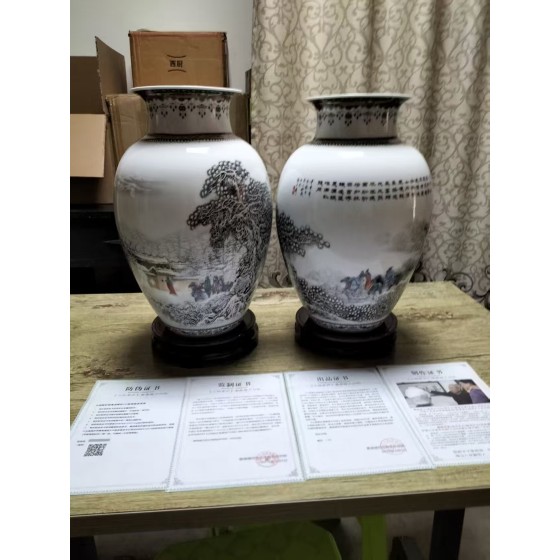 Three Visits to the Thatched Cottage Snow Scene Lotus Twin Vases