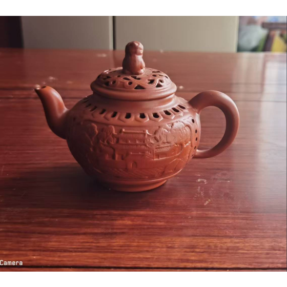 Open‑Work Carved Purple Clay Teapot