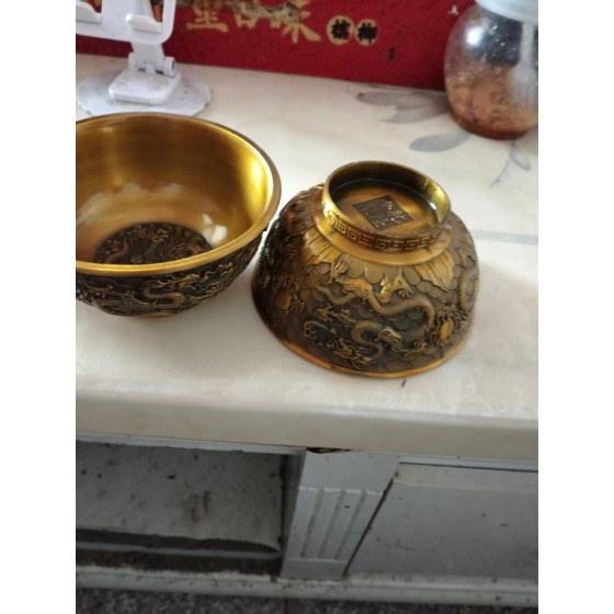 Pair of Qianlong‑Mark Double‑Dragon Copper Bowls