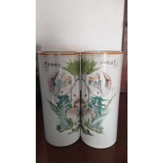 Republic of China Famille Rose Hat Cylinders with Figure Story Pattern, A Pair