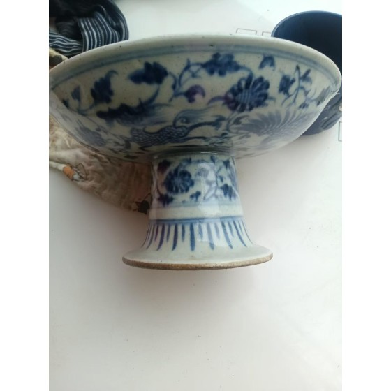 Blue‑and‑White Phoenix‑Flower High‑Foot Plate