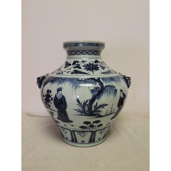 Yuan Dynasty Blue and White Large Jar with Figural Story Patterns and Double Beast Ears