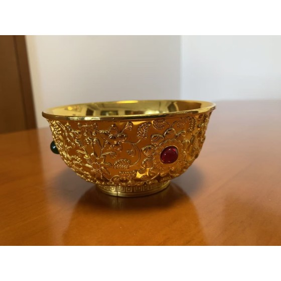 Qianlong Mark Gilt Copper Inlaid Gem Floral Bowl