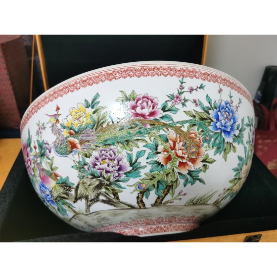 Zhang Jingshou Famille Rose "Golden Phoenix Singing" Large Bowl