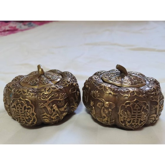Pair of Brass Pumpkin‑Pattern Jars