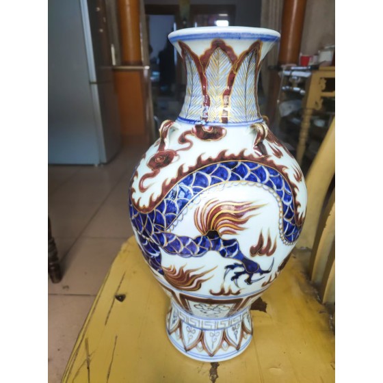 Blue and White Underglaze Red Gilt-Dragon Pattern Elephant-Ear Vase