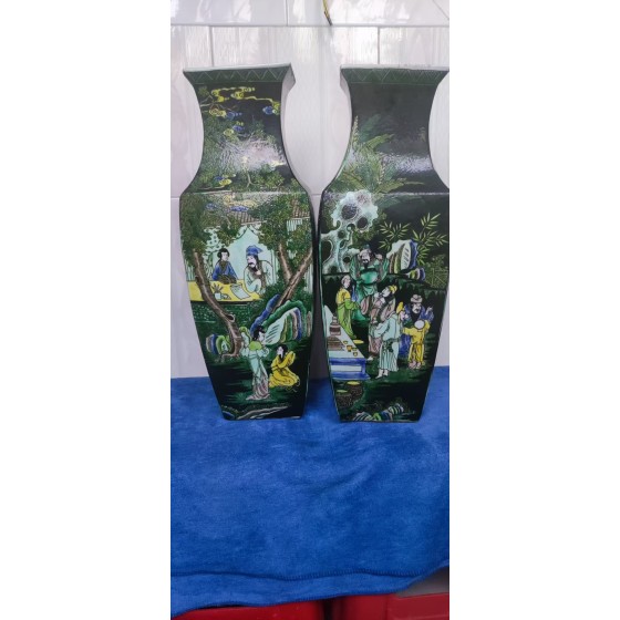 Black-Ground Five-Color Square Vases with Figure Stories (A Pair)