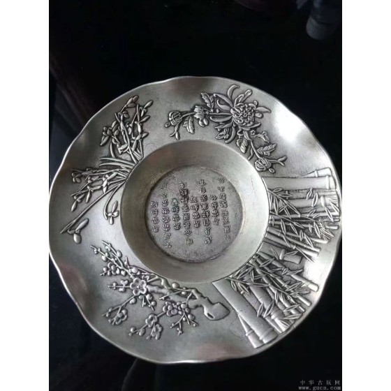 Silver-Plated Copper Plate with Plum, Orchid, Bamboo and Chrysanthemum