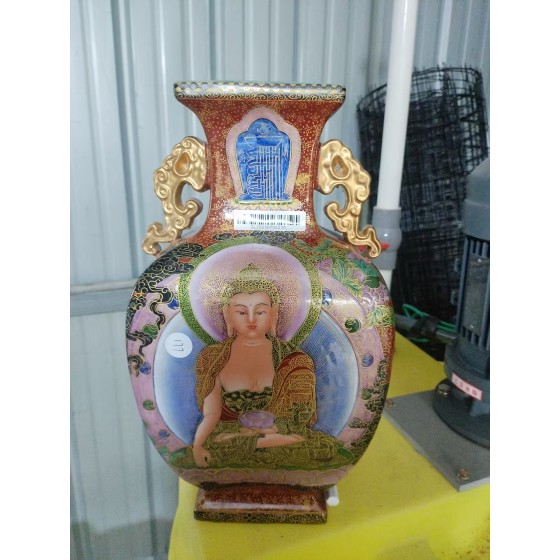 Enamel & Gold-Inlaid Flat Vase with Two Ears, Thangka Buddha Pattern