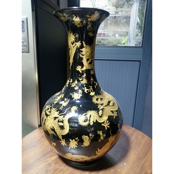 Black Gold Glaze Gold-Painted Five Dragons Vase