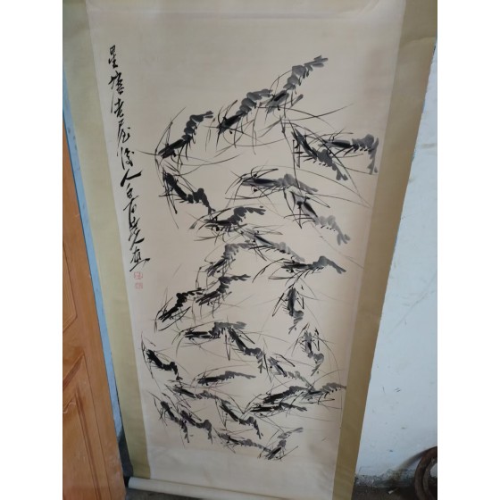 Qi Baishi Ink Wash Painting of Grouped Shrimps (Hanging Scroll)