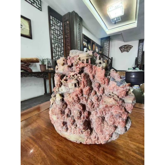 Red and White Color-Selective Stone Mountain Ornament with Landscape and Pavilions