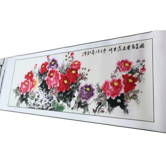 Horizontal Scroll Peony Painting "National Beauty" by Sun Jixiang