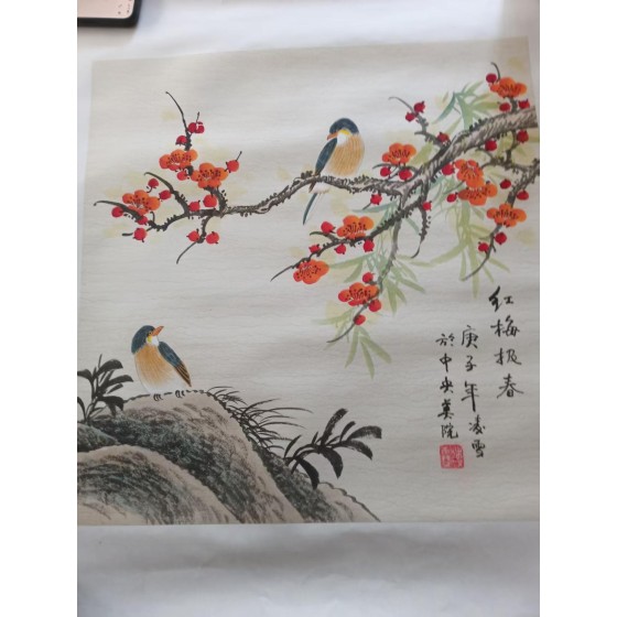 Miniature Painting "Red Plum Blossoms and Twin Sparrows" by Ling Xue