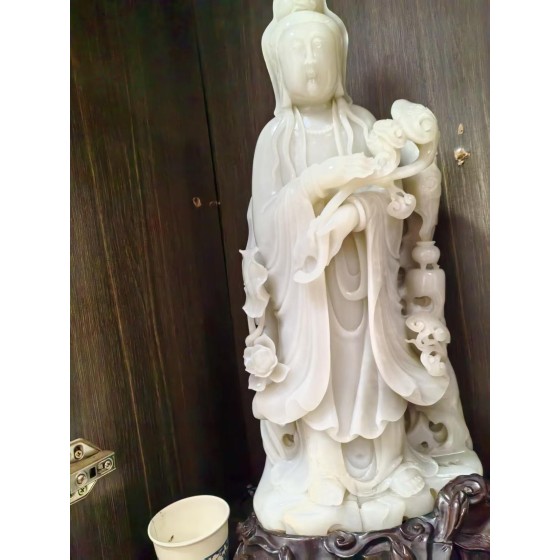 White Jade Standing Guanyin Statue Holding Ruyi