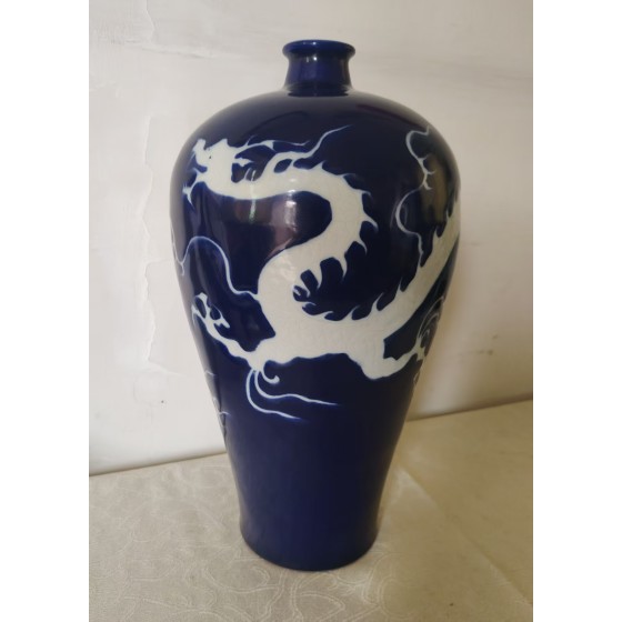 Sacrificial Blue Glaze Plum Vase with Reserved White Dragon Pattern