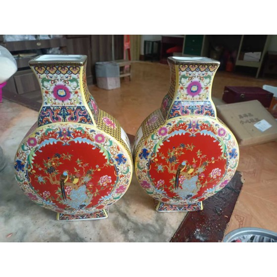 A Pair of Enamel Flat Square Vases with Open-Window Flower and Bird Patterns