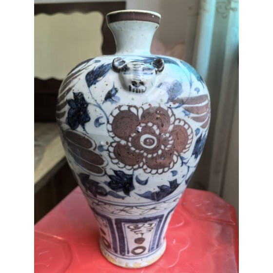 Yuan Blue and White Underglaze Red Plum Vase with Beast Ears and Phoenix Through Floral Pattern