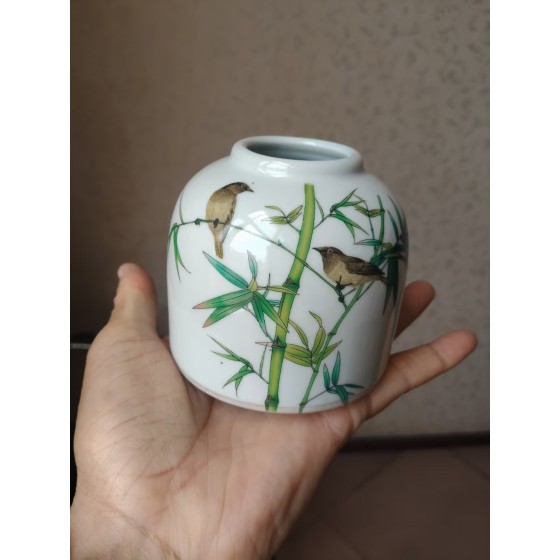 Famille Rose Horseshoe-shaped Water Pot with Bamboo Pattern