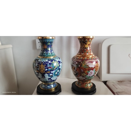 Pair of Cloisonne Vases with Dragon, Phoenix and Auspicious Longevity Patterns