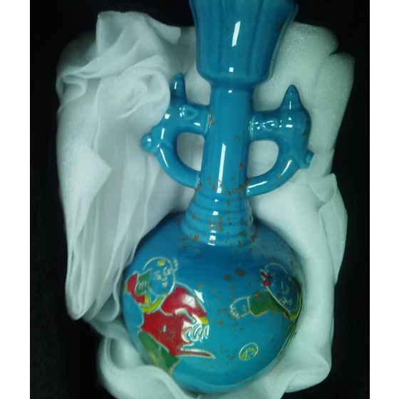 Ru Kiln Blue Glazed Vase with Gilded Painted Children-playing Patterns and Double Beast-head Ears