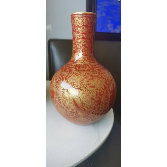 Red Glazed Gilded Celestial Sphere Vase with Pine & Crane Medallion