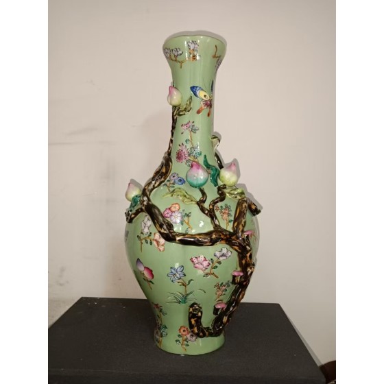 Begonia-shaped Vase with Embossed Famille-Rose Nine-Peach Motifs, Turquoise Green Ground, Qianlong Reign