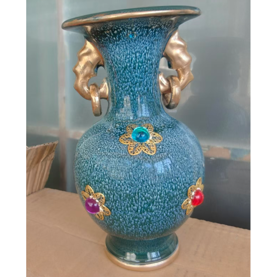 Jun Porcelain Gilded Gem-Embedded Vase with Elephant Ears and Rings