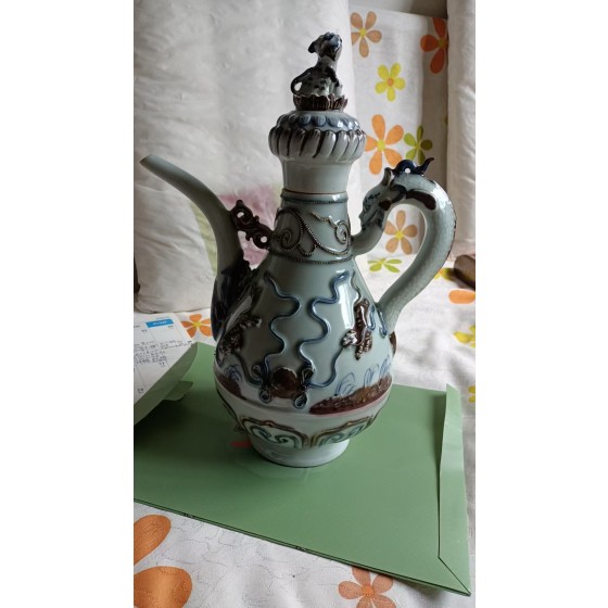 Underglaze Blue & Red Ewer with Dragon Handle and Relief Beast Patterns