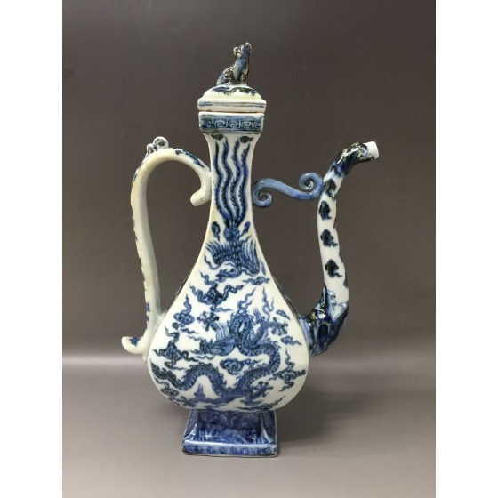 Blue and White Ewer with Dragon, Phoenix, Sea Water and Ruyi Patterns