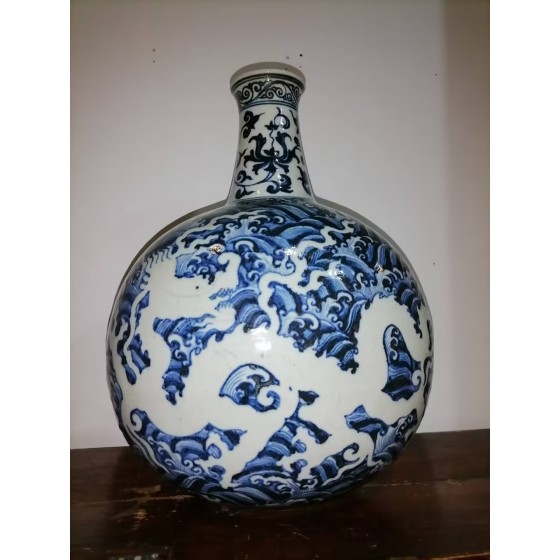 Ming Yongle Blue and White Flat Vase with Underglaze Carved Dragon Reserved on Sea Wave