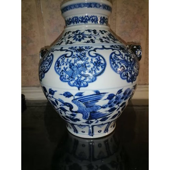 Yuan Dynasty Blue and White Large Jar with Peacock Pattern and Beast Ears