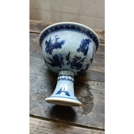 Blue and White Stem Cup with Winged Dragon and Sea Wave Pattern