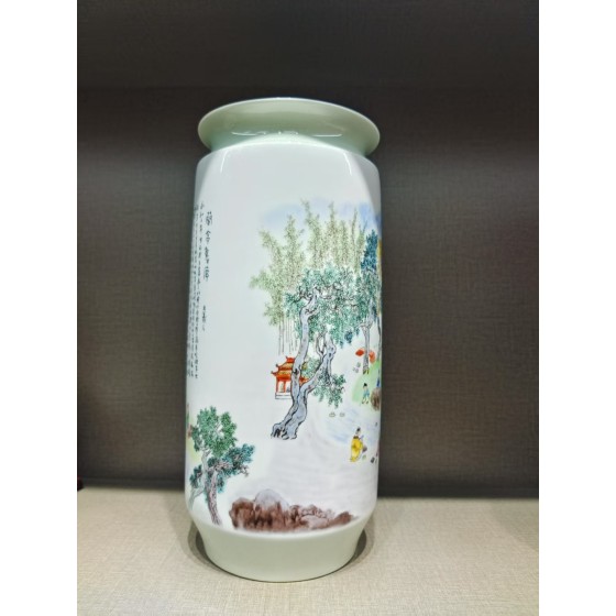 Pastel "Preface to the Lanting Collection" Cylindrical Vase by Wang Xiliang