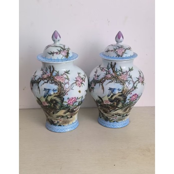 Pair of Famille Rose General Jars with Flower and Bird Patterns