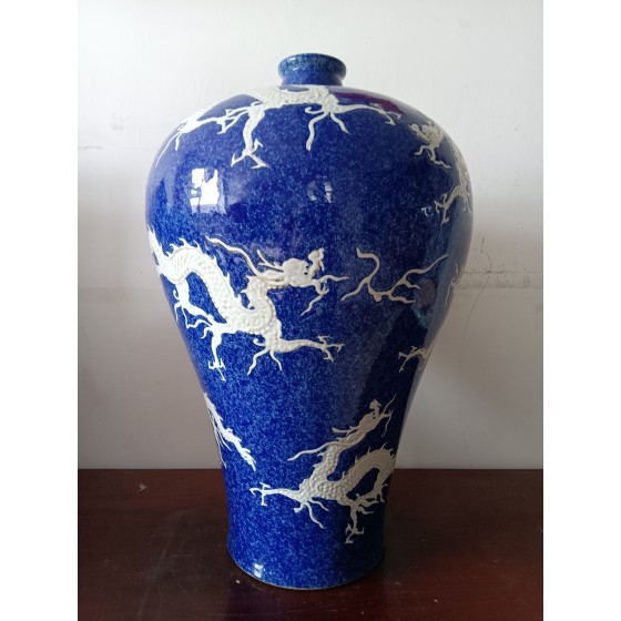 Plum Vase with Nine Dragon Patterns, Snowflake Blue Glaze, Marked "Made in Xuande Period of Great Ming"
