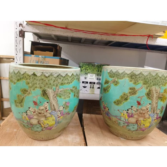 Pair of Turquoise Ground Famille Rose Scroll Jars with Maitreya and Nine Boys Pattern