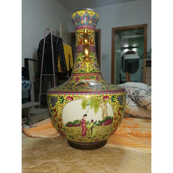 Yellow Ground Enamel Appreciation Vase with Gilded Double Ears and Figure Panels