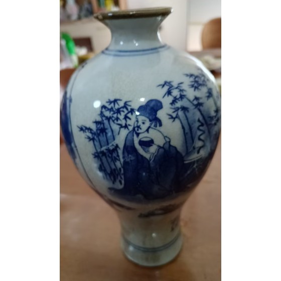 Cracked Blue and White Plum Vase with Bamboo and Figures