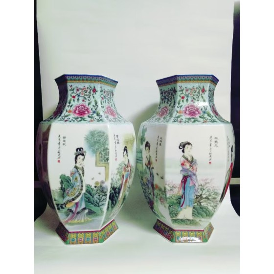 Pair of Famille Rose Hexagonal Vases with Twelve Beauties from Dream of the Red Chamber