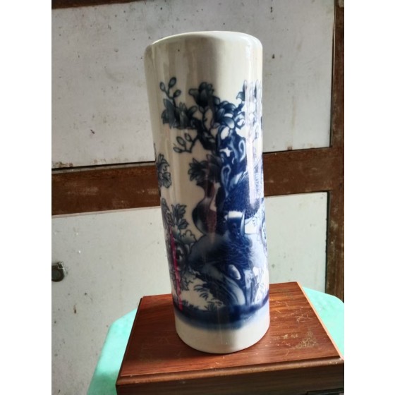 Blue and White Pen Holder with Peacock & Peony Pattern
