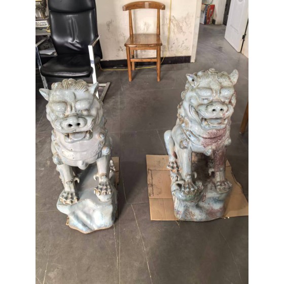 A Pair of Jun Ware Sky‑Blue Crouching Lions