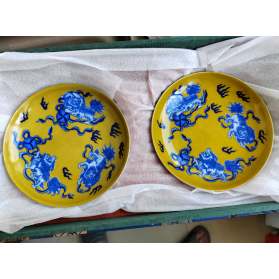 Pair of Yellow Ground Blue-and-White Plates with Lion Playing Ball Motif