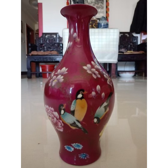 Carmine Ground Falangcai Bird-and-Flower Yuhuchun Vase